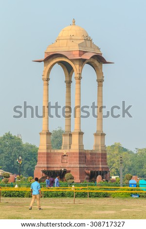 NEW DELHI - AUG 4: The empty canopy at India Gate on Aug 4, 2015 in New Delhi. The gate is a memorial to 82,000 soldiers of the undivided British Indian Army who died in the period 1914Ã¢??21.