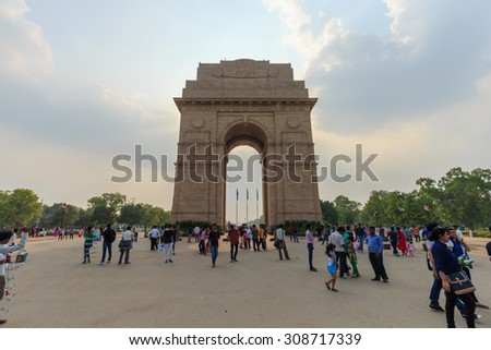 NEW DELHI - AUG 4: The India Gate on Aug 4, 2015 in New Delhi, India. The India gate is a memorial to 82,000 soldiers of the undivided British Indian Army who died in the period 1914 in the wars.