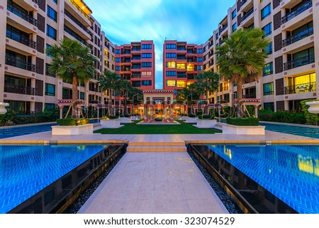 HUA HIN, THAILAND - DEC 13: Main pool of Marrakech Hotel on Dec 13, 2014 in Hua Hin. The design of the hotel was Inspired by rich and colorful culture of Morocco\'s Marrakech or \