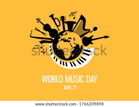 World Music Day with musical instruments vector. Different musical instruments silhouette vector. Planet Earth with musical instruments vector. Music Day Poster, June 21st.