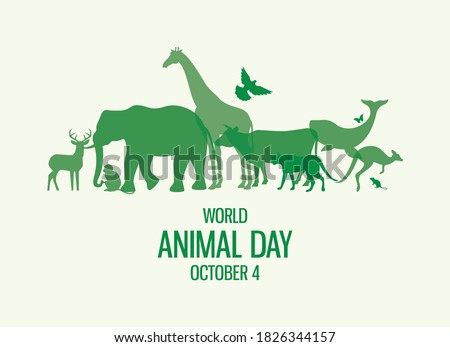 World Animal Day Poster with green silhouettes of wild animals icon vector. Wild animals silhouette set. Environmenta icon vector. Group of animals icon. Animal Day Poster, October 4. Important day