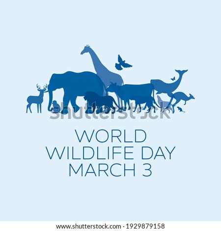 World Wildlife Day Poster with blue silhouettes of wild animals icon vector. Wild animals silhouette set. Environmental icon vector. Group of animals icon. Wildlife Day Poster, March 3. Important day