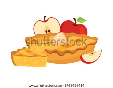 Sweet traditional Apple Pie with apples icon vector. Piece of apple pie icon vector. Cake with apples and whipped cream vector. Classic american sweet pie clip art isolated on a white background