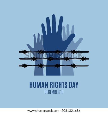Human Rights Day Poster with human hands up behind barbed wire vector. Raised hands silhouette icon vector. Human Rights Day banner, December 10. Important day