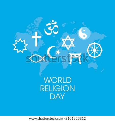 World Religion Day Poster with religious symbols vector. Religious symbols white silhouette icon set vector. World map and religions symbols vector. Important day
