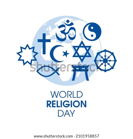 World Religion Day Poster with religious symbols vector. Religious symbols blue silhouette icon set vector isolated on a white background. World map and religions symbols vector. Important day