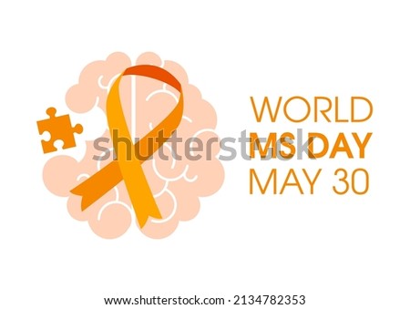 World MS Day illustration. Human brain with orange ribbon and with a puzzle piece icon isolated on a white background. Awareness raising campaign for Multiple Sclerosis illustration. May 30 商業照片 © 