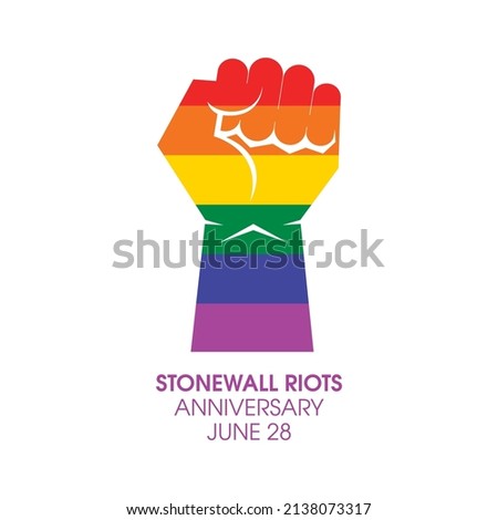Stonewall Riots Anniversary vector. Rainbow LGBT colored hand raised fist vector. Rainbow hand with clenched fist icon. LGBTQ design element isolated on a white background. June 28. Important day