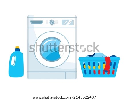 White washing machine, laundry basket and washing powder icon set vector. Laundry icon set isolated on a white background. Dirty clothes in the laundry basket and a bottle of detergent vector