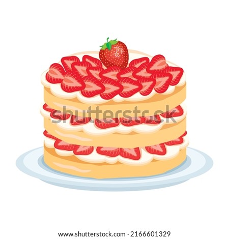 Whole strawberry shortcake icon vector. Sweet cake with strawberries and whipped cream vector isolated on a white background. Layer cream cake on a plate drawing