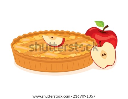 Sweet traditional Apple Pie with apples icon vector. Whole apple pie vector. Cake with apples drawing. Classic american sweet pie still life isolated on a white background