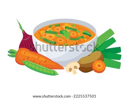 Healthy fresh vegetable soup still life icon vector. Bowl of vegetable soup with carrot, peas, potato, onion, leek and mushrooms vector. Veggie soup icon isolated on a white background