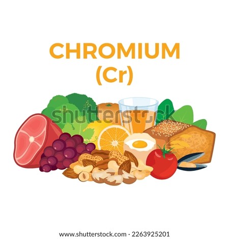 Chromium (Cr) in food icon vector. Chromium food sources vector illustration on a white background. Grapes, citrus, orange, nuts, ham, wholemeal bread vector. Pile of healthy fresh food drawing
