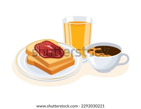 Breakfast with toasted bread, cup of coffee and glass of orange juice vector illustration. Toasted bread with jam drawing. Sweet breakfast still life vector on a white background