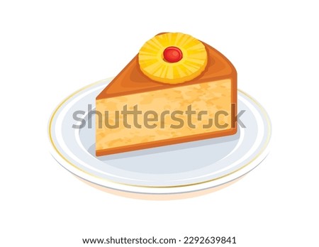 Pineapple Upside-Down Cake vector illustration. Piece of pineapple fruit cake on a plate icon vector isolated on a white background. Slice of pineapple upside down cake drawing