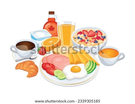 Big breakfast with many food and drinks vector illustration. Healthy full breakfast still life icon set on a white background. Coffee, orange juice, tea, croissant, fruits and vegetables vector