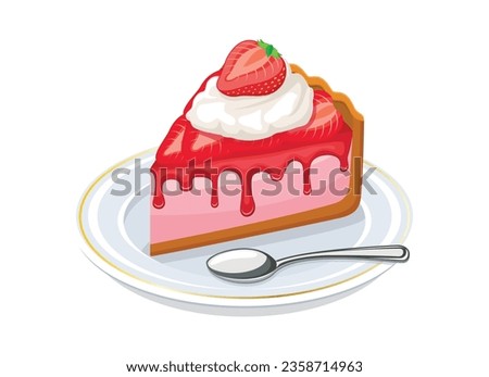 Slice of strawberry cake with whipped cream vector illustration. Sweet strawberry pie icon vector isolated on a white background. Piece of fruit cake on a plate drawing