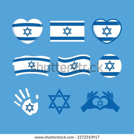 Israel flag icon set vector isolated on a blue background. Israeli flag graphic design element. Flag of Israel in heart shape vector. Israel flag symbols collection. Set of Israel icons in flat style