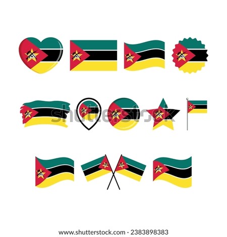 Mozambique flag icon set vector isolated on a white background. Mozambican Flag graphic design element. Flag of Mozambique symbols collection. Set of Mozambique flag icons in flat style