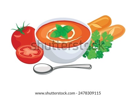 Tomato creamy soup vector illustration. Bowl of tomato soup icon set vector isolated on a white background. Tomato soup, parsley and baguette drawing