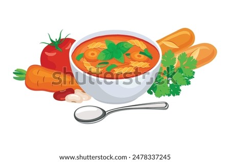 Minestrone italian vegetable soup vector illustration. Bowl of minestrone soup icon set vector isolated on a white background. Minestrone soup, vegetables, parsley and baguette drawing