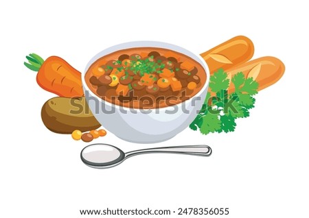 Lentil soup vector illustration. Bowl of lentil soup icon set vector isolated on a white background. Lentil soup, vegetables, parsley and baguette drawing