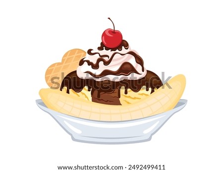 Classic Banana Split Ice Cream Sundae vector illustration. Banana split ice cream boat sundae icon isolated on a white background. Ice cream sundae with banana, whipped cream and wafer drawing