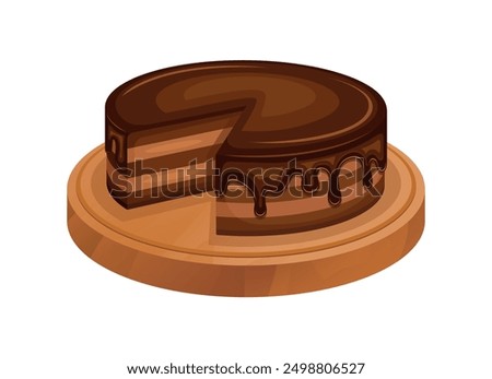 Whole round sliced chocolate cake on a wooden board vector illustration. Layer cake with chocolate icing icon isolated on white background. Triple chocolate cake with chocolate glaze drawing