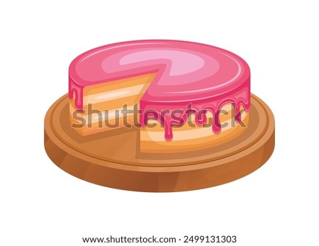 Whole round sliced pink vanilla cake on a wooden board vector illustration. Layer butter cake with pink icing icon isolated on white background. Triple vanilla cake with pink glaze drawing