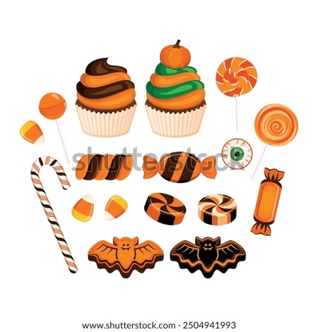 Halloween candy, cupcake, sweets icon set vector. Halloween cupcake, candy, lollipop, bat, eyeball icon set vector isolated on a white background. Different types of candies drawing