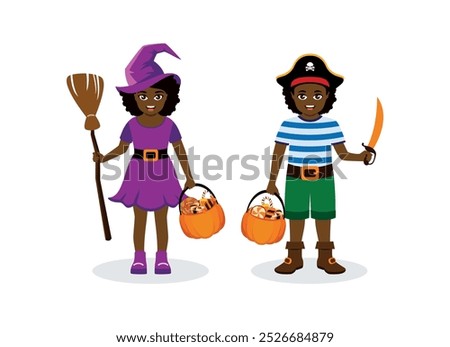 Cute african american girl and boy in witch and pirate halloween costumes vector illustration. Children in halloween costumes holding pumpkin buckets icon set vector. Happy halloween kids cartoon