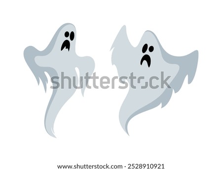 Two hovering ghosts vector illustration. Two floating ghosts icon set isolated on a white background. Spooky ghost cartoon. Halloween graphic design element