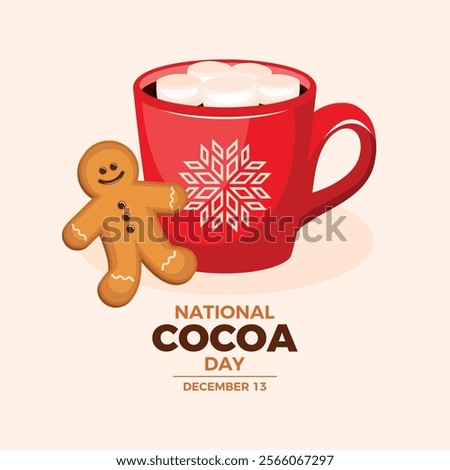 National Cocoa Day poster vector illustration. Red mug of hot chocolate with marshmallow icon vector. Cup of cocoa and gingerbread man drawing. Template for background, banner, card. December 13.