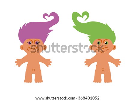Cute creatures with colored hair. No ugly goblin, but nice monster. Loving couple trolls. Funny vector illustration. Cartoon character troll. White background with Trolls