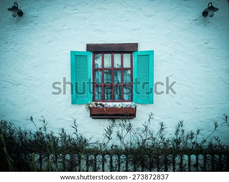 opened wooden shutter light green window on white wall with flower bed and grass
