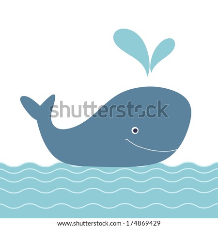 Retro cartoon whale.Baby shower invitation. Beautiful happy birthday greeting card with whale and sea.