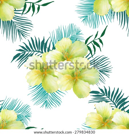 Watercolor seamless pattern of exotic flowers.Tropical flowers and palm leaves