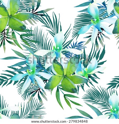 Watercolor seamless pattern of exotic flowers.Tropical flowers and palm leaves