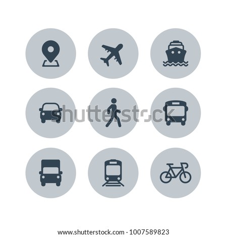 Transport icons. Airplane, Public bus, Train, Ship/Ferry, Car, walk man, bike, truck and auto signs. Shipping delivery symbol. Air mail delivery sign. Vector