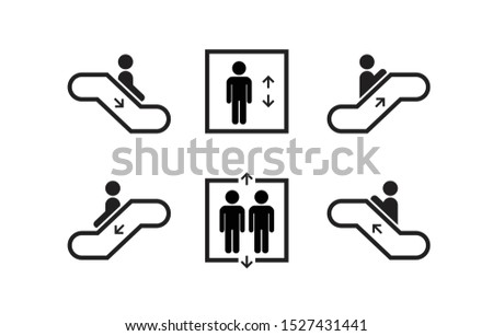 Public Services Elevator and Escalator set icons with humans. Lift or elevator up and down symbols. Vector illustration.