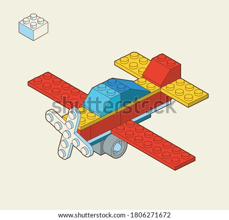 Airplane made by blocks. Toy building block, bricks for children. Vector isometric illustration. Colored bricks isolated on background.