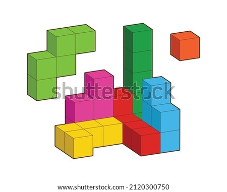 Tetris cube. 3D building block set. Isometric blocks. Abstract construction from isometric box, blocks Tetris shapes. The concept of logical thinking, geometric shapes.