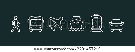 Transport icons. Walk man, Bike, Airplane, Public bus, Train, ShipFerry and auto signs. Shipping symbol. Air mail delivery sign. Vector