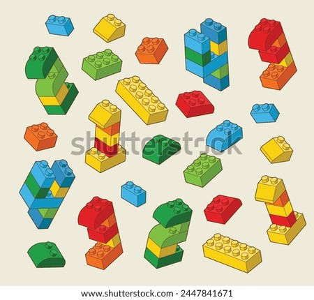 Simple pattern of building block with numbers 1, 2,  3,  4, bricks for children. Vector isometric illustration. Colored bricks isolated on white background