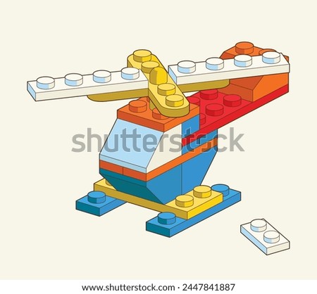 Helicopter made by blocks. Toy building block, bricks for children. Vector isometric illustration. Colored bricks isolated on background.