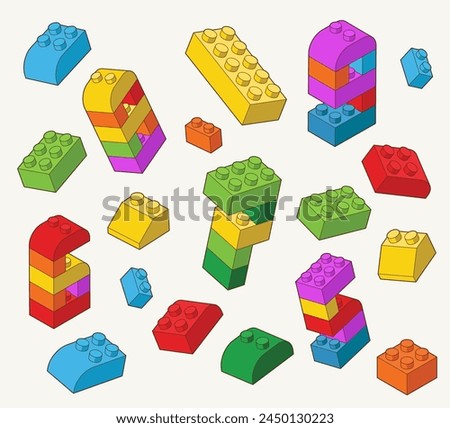 Simple pattern of building block with numbers 5, 6,  7,  8, 9 bricks for children. Vector isometric illustration. Colored bricks isolated on white background.