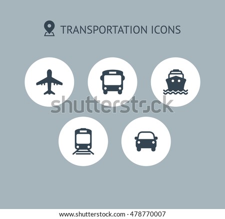 Transport icons. Airplane, Public bus, Train, Ship/Ferry and auto signs. Shipping delivery symbol. Air mail delivery sign. Circle concept web buttons. Vector