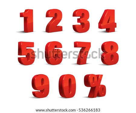 3D Red Metallic Letter. 0, 1, 2, 3, 4, 5, 6, 7, 8, 9 numeral alphabet. Vector Isolated Number.