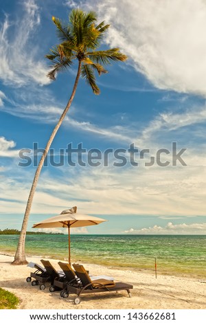 Beach Lounge Chairs with towels under umbrella under palm tree at the shore of Indian ocean, Zanzibar, Tanzania