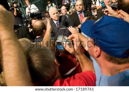 Lancaster, PA - SEPTEMBER 9: John McCain - Presidential Hopeful, Senator John McCain (R-AZ), speaks to a crowd of thousands at a campaign rally in Lancaster, PA. September 9, 2008